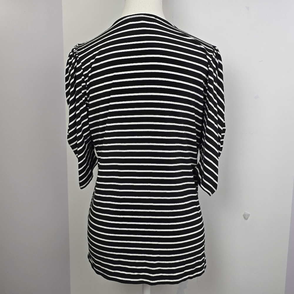 Frame Denim Black & White Shirred Chevron V-Neck Puff Sleeve Blouse, Sz L - Picture 5 of 7